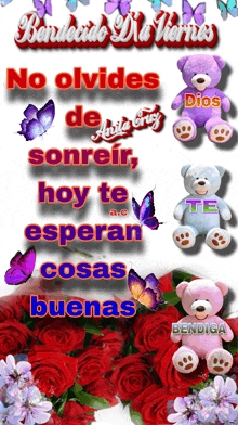 a purple teddy bear with the word dios on it is surrounded by red roses and butterflies