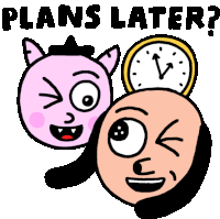 a cartoon of a cat and a dog with the words plans later below them