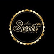 the logo for sweet decor is a black and gold circle with the word sweet decorated in gold .