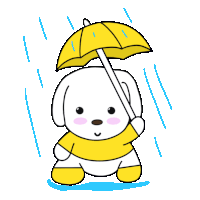 a dog in a yellow shirt is holding a yellow umbrella in the rain