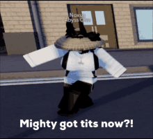 a screenshot of a video game character with the words " mighty got tits now "