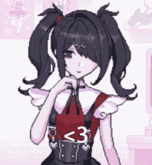 a pixel art drawing of a girl with pigtails and a number 3 on her chest