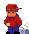 a pixel art of a man in a red hoodie and hat holding a cup of coffee .