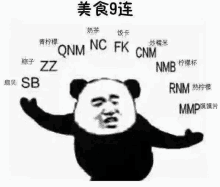 a panda is standing with its arms outstretched in front of a white background with chinese writing .