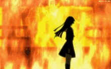 a silhouette of a girl standing in front of a fire with the words hell-girl written below her