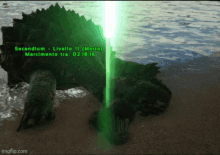 a screenshot of a video game shows a dinosaur with a green light coming from it