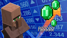 a minecraft villager is standing in front of a stock chart with emeralds .