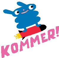 a blue monster is riding a red rocket and the word kommer is below it