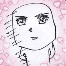 a black and white drawing of a person 's face with a pink background .