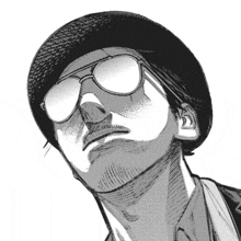 a black and white drawing of a man wearing sunglasses and a beanie