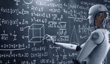 a robot is standing in front of a blackboard with mathematical equations .