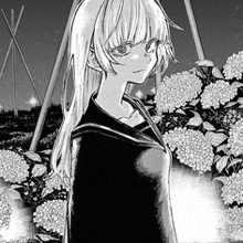 a black and white drawing of a girl in a school uniform standing in front of a bush of flowers .