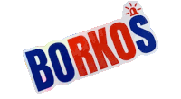 a sticker that says borkos in blue and red