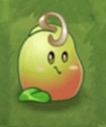 a cartoon pear with a leaf on its side is sitting on a green field .