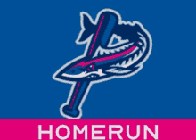 a shark holding a baseball bat with the word homerun on the bottom