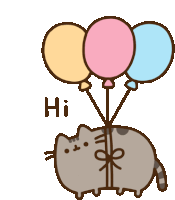 a drawing of a cat holding balloons with the word hi written below it