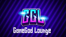 a logo for ggl gamegod lounge against a purple background