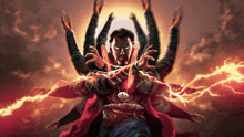 a painting of doctor strange with many hands and lightning coming out of his chest