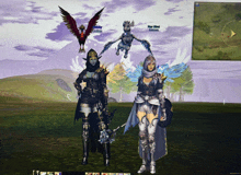 a computer screen shows two female warriors standing next to each other with a bird and a pegasus