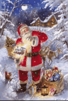 a painting of santa claus in the snow with a train in his hand