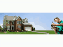 a man is writing on a clipboard in front of a large house