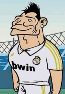 a cartoon drawing of a soccer player wearing a bwin shirt .