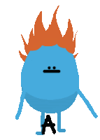 a blue cartoon character with red hair and the letter a on his leg