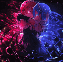 a couple of anime girls hugging each other with a red and blue background