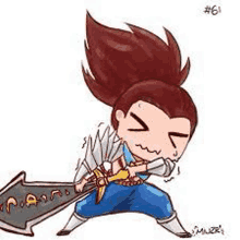 a chibi drawing of yasuo from league of legends holding a large sword .