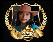 a woman in a cowboy hat is surrounded by gold laurel wreaths and the word bms on a gold ribbon