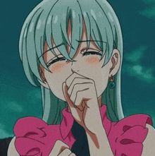 elizabeth from the seven deadly sins is covering her mouth with her hand while wearing a pink dress .