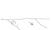 a black and white drawing of a cliff with a question mark and bubbles