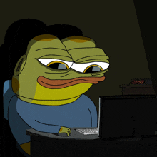 a cartoon of a frog sitting in front of a computer screen with a clock that says 03:59