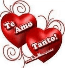 two red hearts with the words `` te amo tanto '' written on them