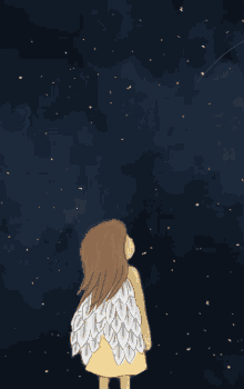 a drawing of a girl with angel wings looking at the stars