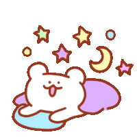 a cartoon drawing of a bear laying on a pillow with stars and a crescent moon