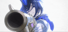 a girl with blue hair is holding a gun in her hand