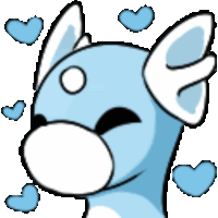 a cartoon drawing of a blue and white animal with hearts around it