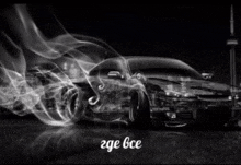 a black and white photo of a car with smoke coming out of it and the words " age bce " on the bottom