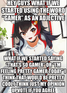 a poster with a girl on it that says hey guys what if we started using the word gamer as an adjective