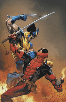 wolverine and deadpool are fighting with swords in a comic book