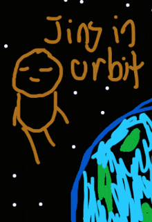 a drawing of a planet with the words ' jing in orbit ' on it