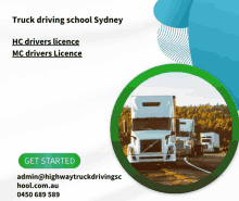 an ad for truck driving school sydney with a picture of trucks on the road