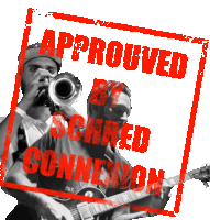 a man playing a trumpet next to a man playing a guitar with a stamp that says approved by shredded connection