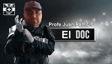 a video game character named profe juan patricio is wearing white gloves