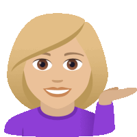 a woman in a purple shirt is smiling and pointing her hand