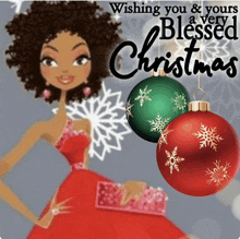 a christmas card with a woman in a red dress wishing you and yours a blessed christmas