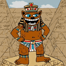 a cartoon of a cat dressed as a pharaoh standing in front of a pyramid