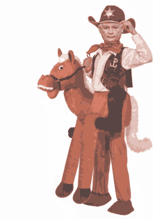 a man dressed as a cowboy rides a stuffed horse