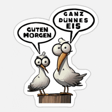 two seagulls are standing next to each other with speech bubbles saying guten morgen and ganz dunnen eis